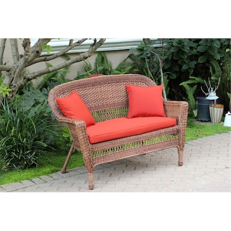 Jeco Honey Wicker Patio Love Seat With Red Orange Cushion And Pillows W00205-L-FS018-CL